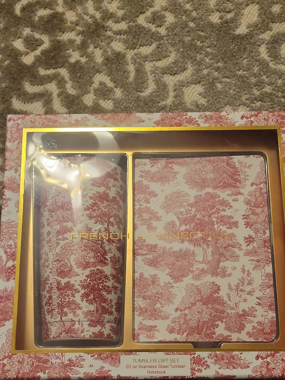 French Connection Pink Toile Tumbler & Notebook Set with Gold Accents
